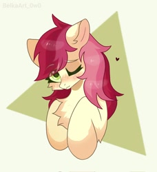 Size: 934x1024 | Tagged: safe, artist:belkaart0w0, derpibooru import, roseluck, earth pony, pony, blushing, chest fluff, cute, female, heart, mare, one eye closed, open mouth, solo, wink