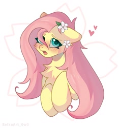 Size: 959x1024 | Tagged: safe, artist:belkaart0w0, derpibooru import, fluttershy, pegasus, pony, blushing, chest fluff, cute, female, flower, flower in hair, heart, mare, open mouth, shyabetes, simple background, solo, white background