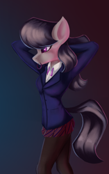 Size: 1886x3000 | Tagged: safe, alternate version, artist:qbellas, derpibooru import, octavia melody, anthro, earth pony, arm behind head, clothes, female, hair tie, mare, mouth hold, outfit, pantyhose, simple background, skirt, solo, solo female