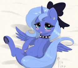 Size: 800x691 | Tagged: safe, artist:inkypuso, derpibooru import, princess luna, alicorn, pony, :p, blushing, bow, choker, chubby, cute, ear piercing, earring, female, filly, foal, hair bow, hooves, jewelry, looking at you, lunabetes, lying, lying down, necklace, on back, piercing, ribbon, s1 luna, sheet, solo, studded choker, tongue, tongue out, underhoof, woona, younger