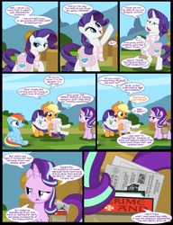 Size: 1042x1358 | Tagged: safe, artist:dendoctor, derpibooru import, applejack, rainbow dash, rarity, starlight glimmer, earth pony, pegasus, pony, unicorn, comic:clone.., g4, alternate universe, bag, bipedal, book, clothes, comic, drama, female, mare, ponyville, saddle bag, scarf, striped scarf