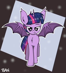 Size: 1734x1913 | Tagged: safe, artist:banquo0, derpibooru import, twilight sparkle, twilight sparkle (alicorn), alicorn, bat, bat pony, pony, chest fluff, fangs, female, mare, race swap, solo, spread wings, wings