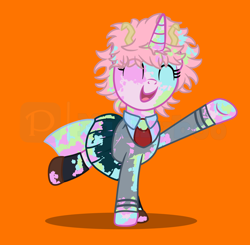 Size: 5400x5300 | Tagged: safe, artist:milkyboo898, derpibooru import, oc, oc only, oc:fresh paint, unicorn, anime, clothes, costume, halloween, halloween costume, holiday, mina ashido, my hero academia, orange background, simple background, solo