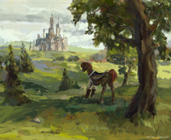 Size: 2080x1708 | Tagged: safe, artist:malinetourmaline, derpibooru import, oc, oc only, pegasus, pony, castle, cloud, grass, painting, raised hoof, raised leg, scenery, solo, tree