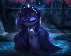 Size: 3333x2626 | Tagged: safe, artist:magnaluna, derpibooru import, princess luna, alicorn, pony, g4, building, chest fluff, eyes closed, eyeshadow, female, hair over one eye, jewelry, makeup, mare, moon, night, partially submerged, regalia, solo, standing, standing in water, tree, water, waterfall, wings, wings down