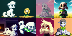 Size: 2048x1024 | Tagged: safe, derpibooru import, editor:paracompact, machine learning assisted, anthro, earth pony, pony, asriel dreemurr, chest fluff, clothes, cute, ear fluff, ears, fireplace, flower, fluffy, looking at you, ponified, sitting, undertale, unshorn fetlocks