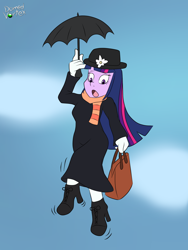 Size: 1500x2000 | Tagged: safe, artist:domedvortex, derpibooru import, twilight sparkle, twilight sparkle (alicorn), alicorn, human, equestria girls, clothes, dress, high heels, humanized, long dress, long skirt, mary poppins, shoes, skirt, solo