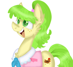 Size: 1168x1080 | Tagged: safe, artist:4agonism, derpibooru import, chickadee, ms. peachbottom, earth pony, pony, cheek fluff, chest fluff, clothes, cute, ear fluff, ears, female, freckles, mare, open mouth, open smile, peachabetes, ponytail, simple background, smiling, solo, white background
