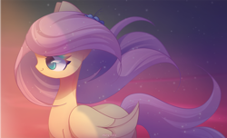 Size: 2300x1400 | Tagged: safe, artist:miryelis, derpibooru import, fluttershy, pegasus, pony, cute, gradient background, long hair, shyabetes, smiling, solo, stars, wind, wings