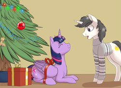 Size: 2845x2064 | Tagged: safe, artist:gradoge, derpibooru import, twilight sparkle, twilight sparkle (alicorn), oc, oc:weiße feder, alicorn, pony, unicorn, canon x oc, new year, present, pullover, spruce tree, tree