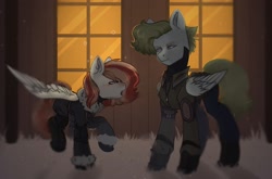 Size: 2560x1689 | Tagged: safe, artist:tttips!, derpibooru import, oc, oc only, pegasus, pony, armor, ashes town, blurry, clothes, drunk, drunk bubbles, duo, duo female, female, folded wings, grass, green hair, mare, ncr, pegasus oc, red hair, saloon, spread wings, window, wings