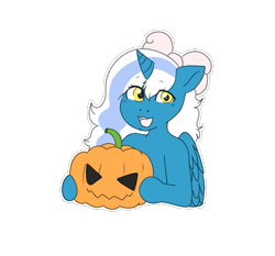 Size: 695x647 | Tagged: safe, artist:cute-little-star97, derpibooru import, oc, oc:fleurbelle, alicorn, alicorn oc, bow, female, golden eyes, hair bow, halloween, holding, holiday, horn, mare, pumpkin, simple background, transparent background, wings