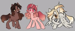 Size: 2047x851 | Tagged: safe, artist:glacierclear, derpibooru import, oc, oc only, oc:chocolate(glacierclear), oc:strawberry(glacierclear), oc:vanilla(glacierclear), earth pony, pegasus, pony, unicorn, cat eyes, chest fluff, cutie mark, eyebrows, eyelashes, female, fluffy, gradient mane, gradient tail, gray background, grin, happy, mare, ponified, shy, simple background, slit eyes, smiling, tail, unshorn fetlocks