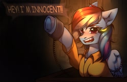 Size: 1665x1080 | Tagged: safe, artist:kaitowivil, derpibooru import, rainbow dash, bound wings, clothes, commissioner:rainbowdash69, courtroom, cuffs, never doubt rainbowdash69's involvement, prison outfit, prisoner rd, shackles, shirt, speech bubble, teeth, text, undershirt, wings, yelling