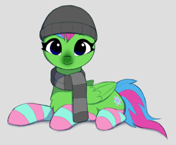 Size: 850x700 | Tagged: safe, artist:luminousdazzle, derpibooru import, luminous dazzle, pegasus, pony, beanie, clothes, cold, female, gray background, hat, looking at you, lying down, mare, pegasus oc, prone, scarf, simple background, smiling, smiling at you, socks, solo, striped socks