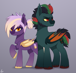 Size: 1100x1050 | Tagged: safe, artist:luminousdazzle, derpibooru import, oc, oc only, oc:ametrine, oc:bloodstone, bat pony, pony, chest fluff, dad, duo, duo male and female, fangs, female, grumpy, hair tie, jewelry, looking at you, male, mare, mom, necklace, parent, raised hoof, raised leg, smiling, stallion, unshorn fetlocks