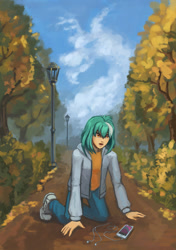 Size: 800x1137 | Tagged: safe, artist:asimos, artist:lexx2dot0, artist:maytee, derpibooru import, discord, lyra heartstrings, human, fanfic:anthropology, g4, cellphone, clothes, cloud, denim, earbuds, fanfic art, humanized, jacket, jeans, lamp post, open mouth, pants, philadelphia, phone, smartphone, solo, surprised, tree