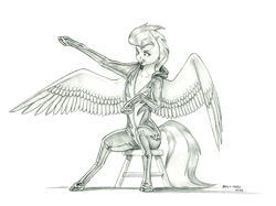 Size: 1500x1119 | Tagged: safe, artist:baron engel, derpibooru import, misty fly, anthro, pegasus, pony, unguligrade anthro, black and white, clothes, female, grayscale, mare, monochrome, mouth hold, open clothes, patreon, patreon reward, pencil drawing, simple background, sitting, solo, stool, tight clothing, traditional art, uniform, white background, wonderbolts, wonderbolts uniform, zipper