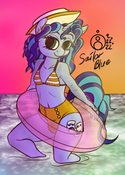Size: 1302x1821 | Tagged: safe, artist:sepiakeys, derpibooru import, oc, oc:blue giggles, anthro, unicorn, belly button, crossdressing, crotch bulge, inner tube, male, not misty, solo, traditional art