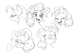 Size: 1844x1295 | Tagged: safe, artist:mickeymonster, derpibooru import, pinkie pie, earth pony, pony, blushing, breath, bust, laughing, monochrome, open mouth, open smile, portrait, simple background, sketch, sketch dump, smiling, sparkles, sweat, sweatdrop, white background