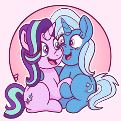 Size: 1914x1914 | Tagged: safe, artist:doodledonutart, derpibooru import, starlight glimmer, trixie, pony, unicorn, boop, cheek squish, female, holding hooves, lesbian, open mouth, ponytober, shipping, simple background, squishy cheeks, startrix