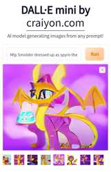 Size: 661x1025 | Tagged: safe, artist:dall·e mini, artist:thegamerpainter, derpibooru import, machine learning generated, smolder, dragon, cake, clothes, costume, craiyon, crossover, dall·e mini, dragon costume, female, food, halloween, halloween costume, holiday, machine learning abomination, male, nightmare night, not salmon, simple background, solo, spyro the dragon, spyro the dragon (series), text, wat, what has science done, white background