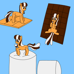 Size: 2000x2000 | Tagged: safe, artist:shuffle, ponerpics import, oc, oc only, oc:s'mare, earth pony, food pony, original species, pony, bouncing, chocolate, earth pony oc, female, food, front view, graham cracker, jumping, marshmallow, ponified, side view