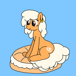 Size: 1000x1000 | Tagged: safe, artist:shuffle, ponerpics import, oc, oc only, oc:bagel bite, earth pony, food pony, original species, pony, bagel, bread, cream cheese, ear piercing, earring, earth pony oc, female, food, freckles, jewelry, mare, piercing, ponified, side view, sitting, solo