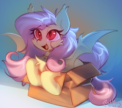 Size: 3400x3000 | Tagged: safe, artist:gicme, derpibooru import, fluttershy, bat pony, pony, bat ponified, box, chest fluff, cute, flutterbat, glowing, glowing eyes, happy, open mouth, open smile, pony in a box, race swap, simple background, smiling, solo, spread wings, wings