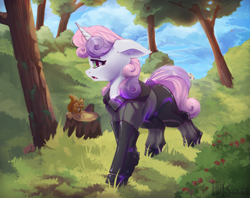 Size: 2591x2057 | Tagged: safe, artist:hitbass, derpibooru import, sweetie belle, pony, squirrel, unicorn, clothes, female, filly, foal, forest, looking to side, looking to the left, open mouth, profile, solo, tail