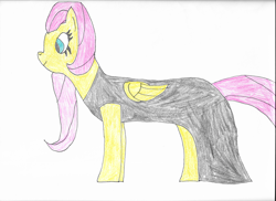 Size: 3508x2550 | Tagged: safe, artist:meanlucario, derpibooru import, fluttershy, pegasus, pony, scare master, black dress, clothes, dress, halloween, holiday, long mane, long tail, mlp fim's twelfth anniversary, nightmare night, solo, tail, traditional art, wings