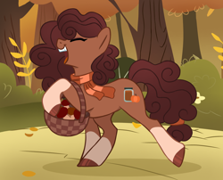 Size: 1218x982 | Tagged: safe, artist:pgthehomicidalmaniac, derpibooru import, oc, oc only, oc:maple pumpkin, earth pony, pony, base used, basket, clothes, eyes closed, female, forest, mare, mushroom, open mouth, open smile, profile, scarf, side view, smiling, solo, striped scarf