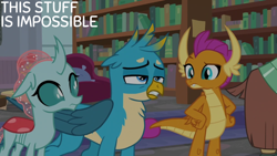 Size: 1920x1080 | Tagged: safe, derpibooru import, edit, edited screencap, editor:quoterific, screencap, gallus, ocellus, smolder, yona, what lies beneath, bookshelf