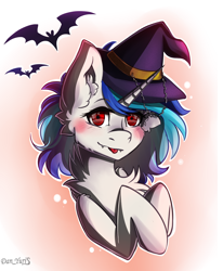 Size: 1400x1700 | Tagged: safe, artist:yuris, derpibooru import, dj pon-3, vinyl scratch, bat, pony, undead, unicorn, vampire, blushing, chest fluff, ear fluff, ears, ears up, fangs, female, halloween, hat, holiday, red eyes, simple background, smiling, solo, witch hat