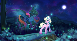 Size: 4093x2155 | Tagged: safe, artist:ask-colorsound, derpibooru import, oc, oc only, oc:fenris ebonyglow, oc:kara waypoint, earth pony, original species, pegasus, pony, timber pony, clothes, full moon, jewelry, moon, necklace, night, oc x oc, scarf, scenery, shipping