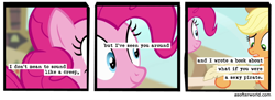 Size: 720x261 | Tagged: safe, edit, edited screencap, screencap, applejack, pinkie pie, earth pony, pinkie apple pie, a softer world, comic, female, mare, screencap comic, scroll, stare, text