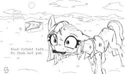 Size: 1276x759 | Tagged: safe, artist:zebra, ponerpics import, oc, oc only, pony, fallout equestria, anorexia, clothes, cut, monochrome, mouth hold, ms paint, ruins, scar, skinny, switchblade, torn clothes, wasteland