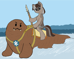 Size: 1151x928 | Tagged: safe, artist:anonymous, oc, oc only, oc:winter wonder, pony, seal, female, hoof hold, mare, riding, snowpony (species), solo, spear, taiga pony, weapon