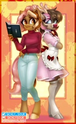 Size: 872x1428 | Tagged: safe, artist:sickly-sour, derpibooru import, oc, oc only, anthro, deer, unguligrade anthro, anthro oc, apron, book, clothes, deer oc, doe, duo, female, jeans, maid, mare, non-pony oc, pants, sweater, turtleneck