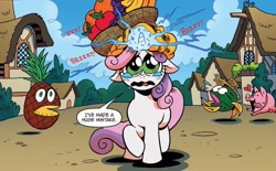 Size: 1207x746 | Tagged: safe, artist:brendahickey, derpibooru import, idw, sweetie belle, pig, pony, unicorn, friends forever, spoiler:comic, apple, banana, context is for the weak, dialogue, ears, female, filly, floppy ears, foal, food, food transformation, fruit, fruit basket, grapes, hat, i've made a huge mistake, inanimate tf, magic, onomatopoeia, orange, pineapple, solo focus, straw hat, teary eyes, transformation, wat, watermelon