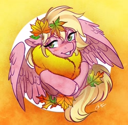 Size: 3179x3112 | Tagged: safe, artist:opalacorn, derpibooru import, oc, oc only, oc:jet setter, pegasus, pony, autumn, blushing, clothes, female, grin, leaf, leaves, looking at you, mare, scarf, smiling, smiling at you, solo