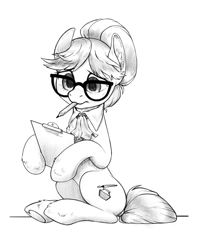 Size: 1752x2216 | Tagged: safe, artist:taytinabelle, derpibooru import, writing desk, earth pony, pony, black and white, clipboard, ear fluff, ears, female, glasses, grayscale, hair bun, heart, heart hoof, mare, monochrome, mouth hold, necktie, not raven, pencil, simple background, sitting, sitting up, sketch, solo, underhoof, unshorn fetlocks, white background