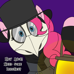 Size: 2500x2500 | Tagged: safe, artist:legendoflink, derpibooru import, pinkie pie, earth pony, pony, clothes, cute, dialogue, diapinkes, female, gloves, gradient background, hat, implied anon, lantern, looking at you, mare, mask, pinktober, plague doctor, plague doctor mask