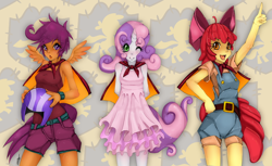 Size: 1400x857 | Tagged: dead source, safe, artist:slugbox, derpibooru import, apple bloom, scootaloo, sweetie belle, anthro, g4, abstract background, cape, clothes, cmc cape, cutie mark crusaders, female, horn, pony coloring, wings