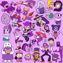 Size: 1200x1200 | Tagged: safe, artist:domestic_maid, derpibooru import, twilight sparkle, twilight sparkle (alicorn), alicorn, dragon, human, pony, g4, a hat in time, adventure time, amethyst (steven universe), anime, baby, baby fairy, blaze the cat, cartoon network, chowder, chowder (character), cookie run, crossover, cuphead, dc comics, female, five nights at freddy's, food, gengar, giorno giovanna, hat kid, ice cream, jojo's bizarre adventure, kirby (series), mare, meta, muffet, nickelodeon, nights, nights into dreams, nintendo, one eye closed, open mouth, osomatsu-san, paper mario: the thousand year door, pie, pokémon, poof, purple, purple background, purple guy, queen aleena, risky boots, shantae, simple background, smiling, smiling friends, sonic the hedgehog (series), sonic underground, south park, spyro the dragon, spyro the dragon (series), steven universe, super mario bros., the fairly oddparents, the joker, toriel, twitter, undertale, vivian (paper mario), waluigi, wendy testaburger, wingding eyes, wink