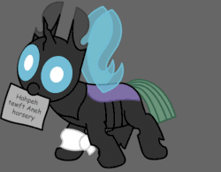 Size: 3000x2327 | Tagged: safe, artist:theunidentifiedchangeling, derpibooru import, oc, oc:[unidentified], changeling, animated, armband, buggo, changeling oc, cute, cuteling, derp, digital art, foal, gray background, horn, intentional spelling error, mlp fim's twelfth anniversary, mouth hold, paper, simple background, solo, spread wings, wings