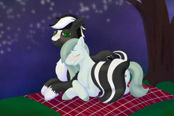 Size: 4050x2700 | Tagged: safe, artist:axiscloud, derpibooru import, marble pie, oc, oc:zenawa skunkpony, hybrid, pony, skunk, skunk pony, blanket, blushing, canon x oc, crossed hooves, cuddling, cute, dating, eyes closed, female, lidded eyes, lying down, male, mare, night, nuzzling, outdoors, paws, prone, shy, snuggling, stallion, stars, story included, straight, tail, tail wrap, together, tree