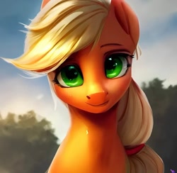 Size: 828x807 | Tagged: safe, derpibooru import, machine learning generated, applejack, earth pony, pony, bust, cute, female, hatless, jackabetes, looking at you, mare, missing accessory, simple background, smiling, solo, solo female, tree