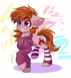 Size: 2637x2893 | Tagged: safe, artist:falafeljake, derpibooru import, oc, oc:stuben, earth pony, pony, clothes, cute, ear fluff, ears, eyebrows, eyebrows visible through hair, high res, hoodie, male, simple background, smiling, socks, solo, stallion