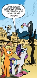 Size: 638x1331 | Tagged: safe, artist:andypriceart, derpibooru import, idw, applejack, rarity, bird, earth pony, pony, unicorn, friends forever, spoiler:comic, dialogue, duo, female, mare, stereotype, vulture